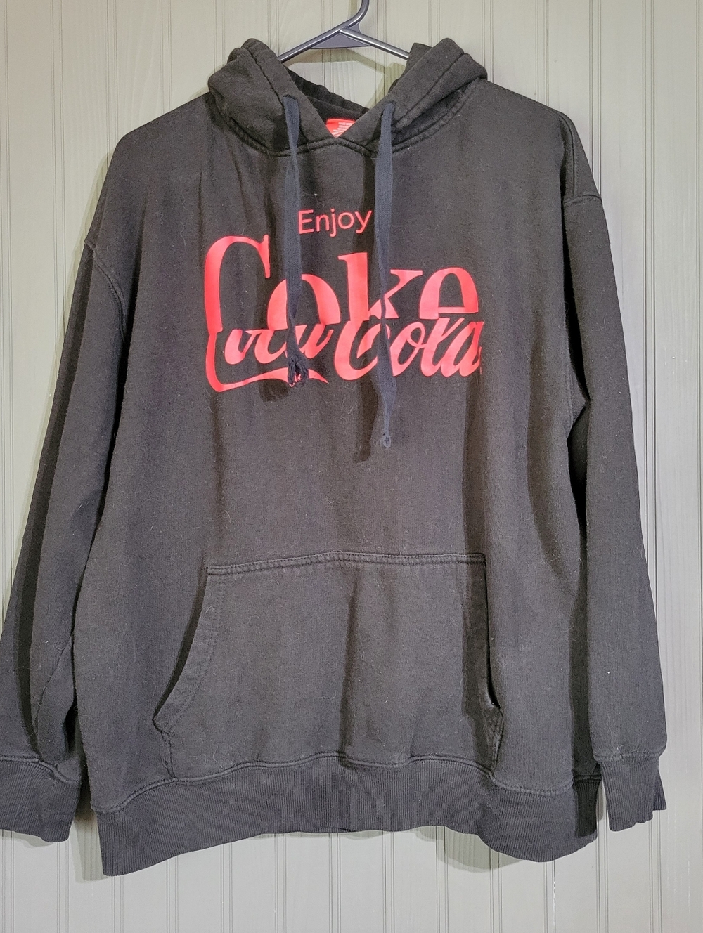 Coca-Cola Hooded Graphic Sweatshirt "Enjoy Coke" Pullover Black Men's Large